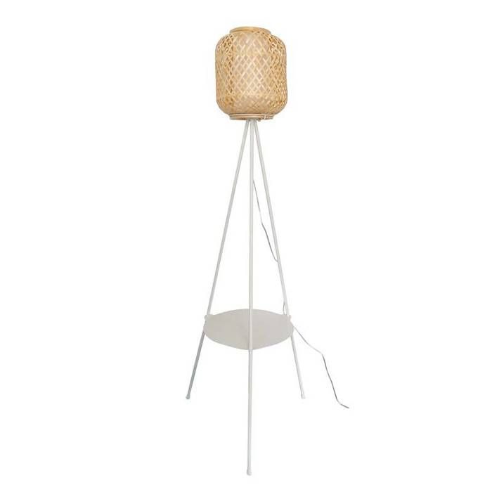 Lampe sur pied trépied en aluminium avec abat-jour en bambou et diffuseur avec plateau pour salon chambre E27