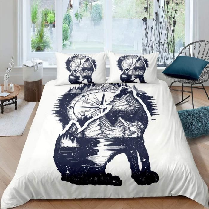 ZaopVrynx Housse De Couette 90x190 Loup, Parure De Lit 90x190 Enfant 1 Personne Pleine Lune Forêt Enneigée, Réversible Ensemble De Literie Pour Garçon Fille Avec 1 Taie D'oreiller 65x65