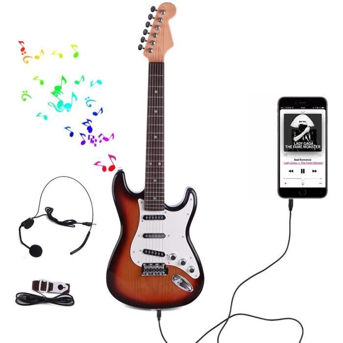 Bleu Guitare Roche Electrique Microphone sur pied Jouet Guitare Instrument de Musique éducatifs pour Enfant Garcon Fille de 3+ Ans OVERWELL Guitare et Microphone Enfant set 