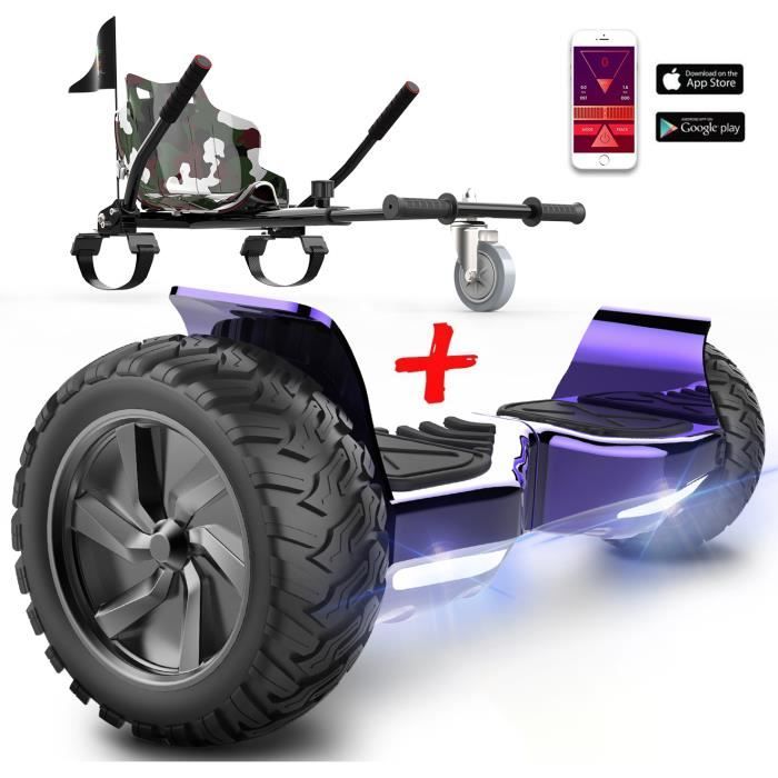 Hoverboard 8.5 Pouces Hummer Tout Terrain Gyropode Bluetooth LED Violet + Hoverkart Gokart Camouflage