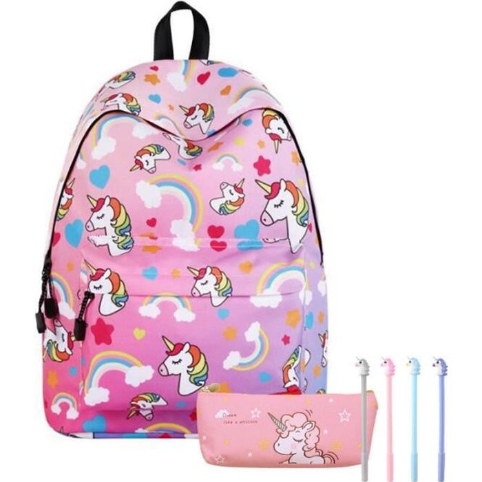 rose sac à dos enfant fille adolescent licorne sac à voyage sac d'école, 1 trousse à stylo, 4 stylo à encre noire 0.5 mm