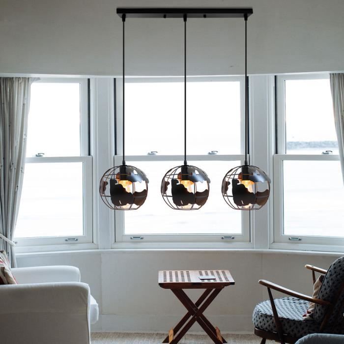 UNI 3 Tête Lustre Suspension Luminaire Cage en Métal Longueur Ajustable 100cm Noir