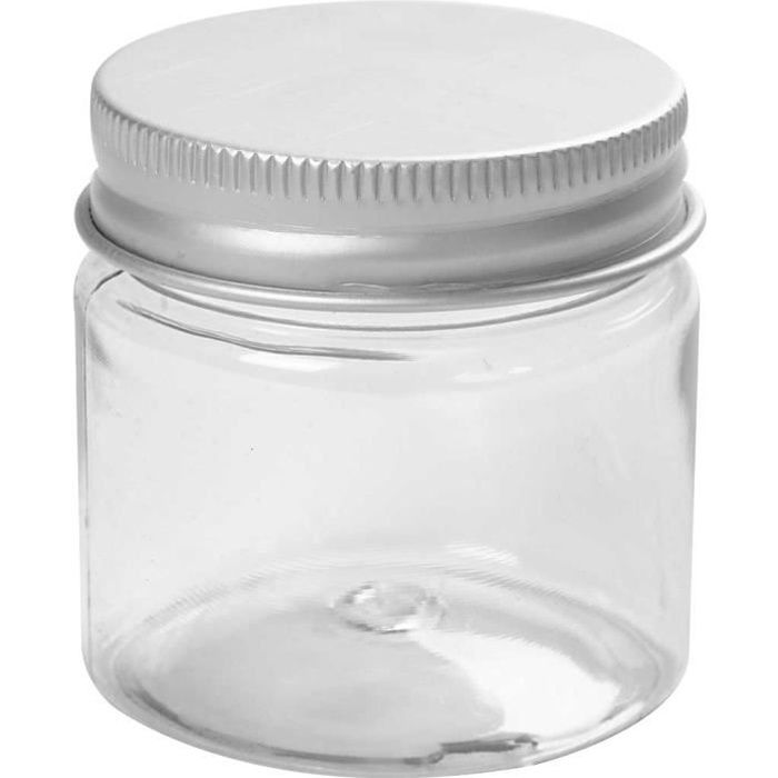 Petit pot de plastique transparent avec couvercle vissé en métal gris. réf  13179