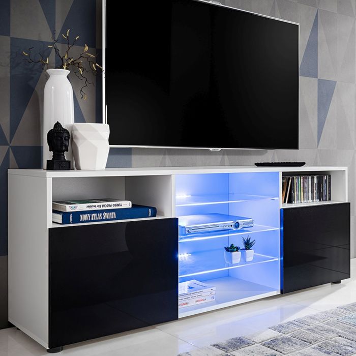 Meuble TV Urbino Komodee - LED bleues - Noir Brillant et Blanc - Facades en Brillant - 140 x 53 x 35 cm Meuble TV Urbino Komodee - LED bleues - Noir Brillant et Blanc - Facades en Brillant - 140 x 53 x 35 cm