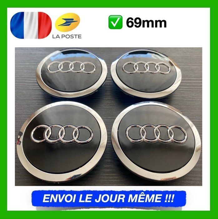 4 Centres de Roue Noir avec anneau chromé 69mm emblème Audi cache moyeu  LBQ18