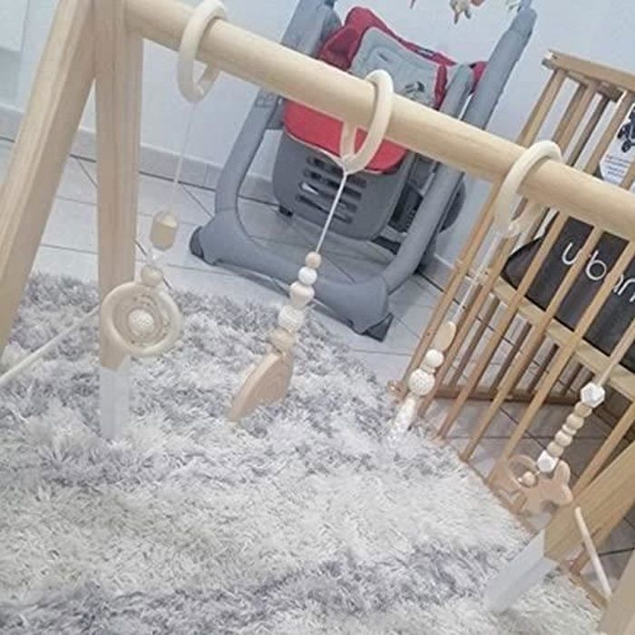 4 Pcs Nordique Bébé Jouet Anneau Dentition, Jouet en bois, Pendentif Bébé Bois sans BPA, Accessoire de Gym pour Portique d'éveil Boi