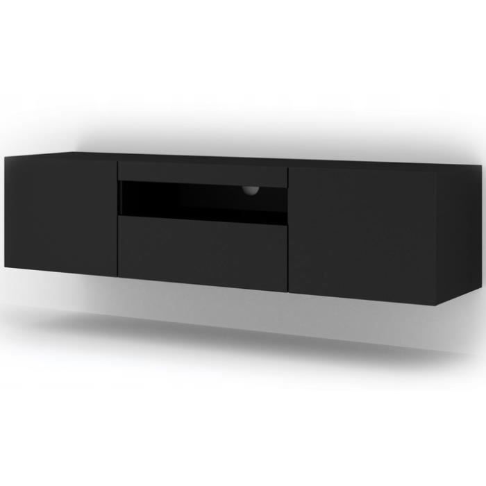 Meuble TV Noir Mat sans LED 150x42x37cm Aura meuble sur pied ou a suspendre meuble Hi-fi