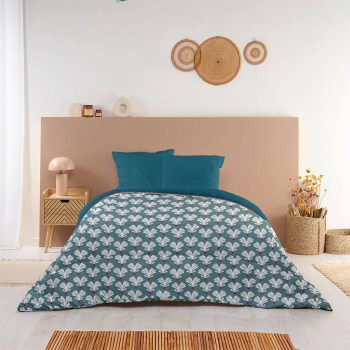 Couette Imprimée Chaude Sully 140x200cm pour Lit 90x190 - Microfibre - Édredon 350g/m² Fabriqué en France - Bleu Vert - BLEU CALIN