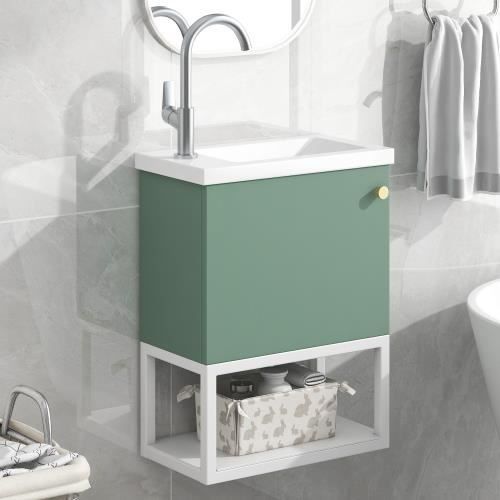 Meuble de salle de bain Meuble sous-vasque suspendu blanc et vert + Lavabo + étagères Convient aux petites salles de bains