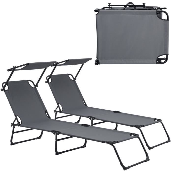 casa.pro Transats 2er Set pliable 190cm gris foncé avec toiture pare-soleil de relax aluminium