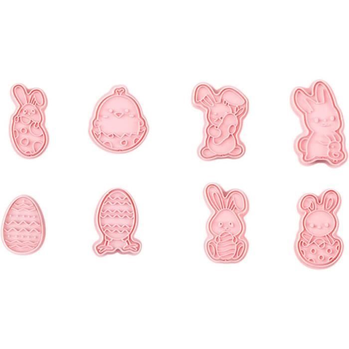 Emporte-pièces Paques, 8Pcs Emporte Pièce Paques, 3D Pâques Moule Biscuit Plastique Enfant, Lapin Poussin œufs Cookie Cutter Tampon Biscuit Decoupoir Patisserie pour Fondant Biscuit Cookie Gâteau