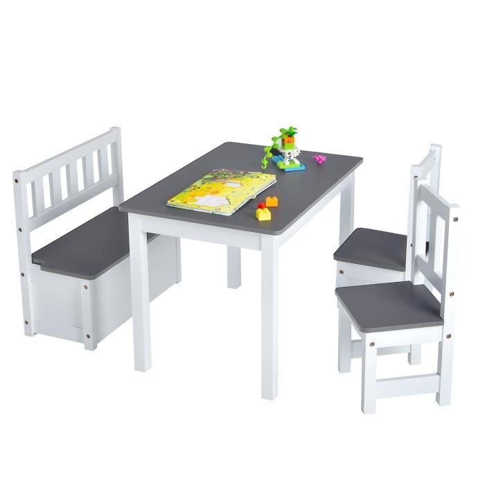 COSTWAY Ensemble de Table et Chaises pour Enfant avec Table 2 Chaises et Banc de Rangement 2 en 1 pour Étudier et Manger Gris