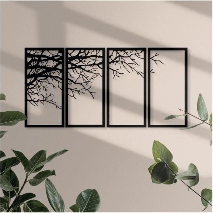 Décoration Murale Métal 3 Panneaux - Motif Branches D'arbre Design Moderne - 40x90 Cm - Noir