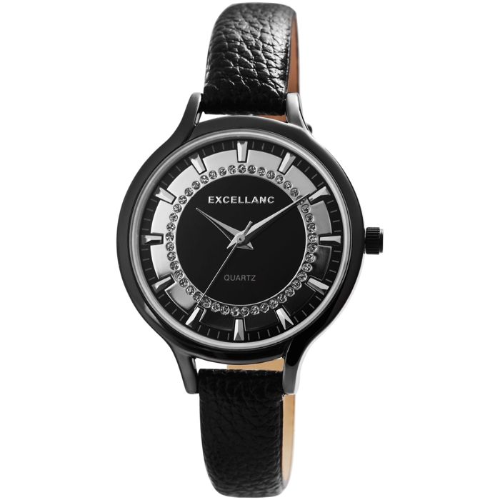 Montre femme - EXCELLANC - Femme Noir Métal - Cadran noir - Bracelet simili cuir 12mm - Boîtier 36mm