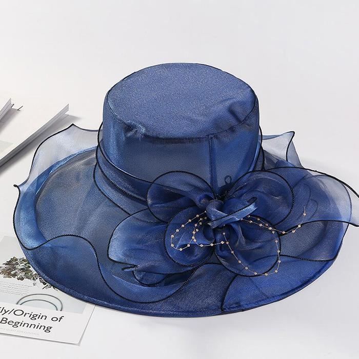 Chapeau D'Organza Et Dentelle Pour Femme - Chapeau Église Mariage Avec Fleur Amovible, Large Bord Protection Solaire