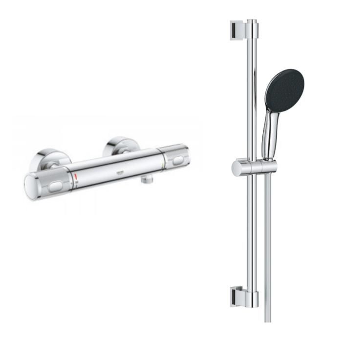 Grohe Mitigeur douche thermostatique mural Precision Feel + Ensemble de douche 2 jets avec barre Vitalio Start 100