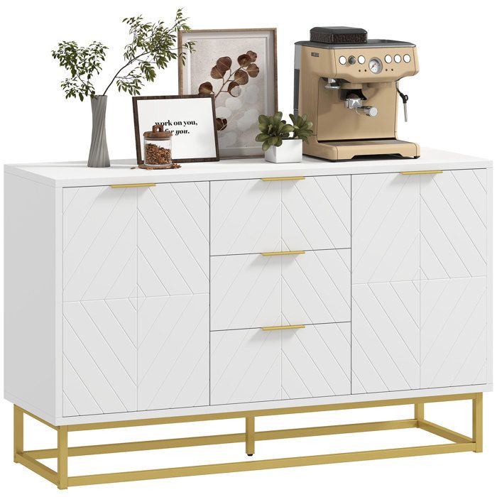 Buffet - meuble cuisine rangement - HOMCOM - design contemporain graphique 2 placards 3 tiroirs - bois - 120x40x76cm - blanc doré
