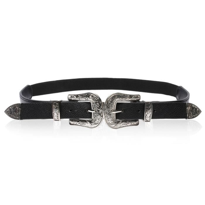 Ceinture Femme Vintage En Croûte De Cuir Vachette - Noir Taille 36 - Boucle Décorative