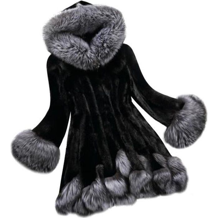 Fausse fourrure manteau d’hiver V noir manches longues col surdimensionné manteau d’hiver pour