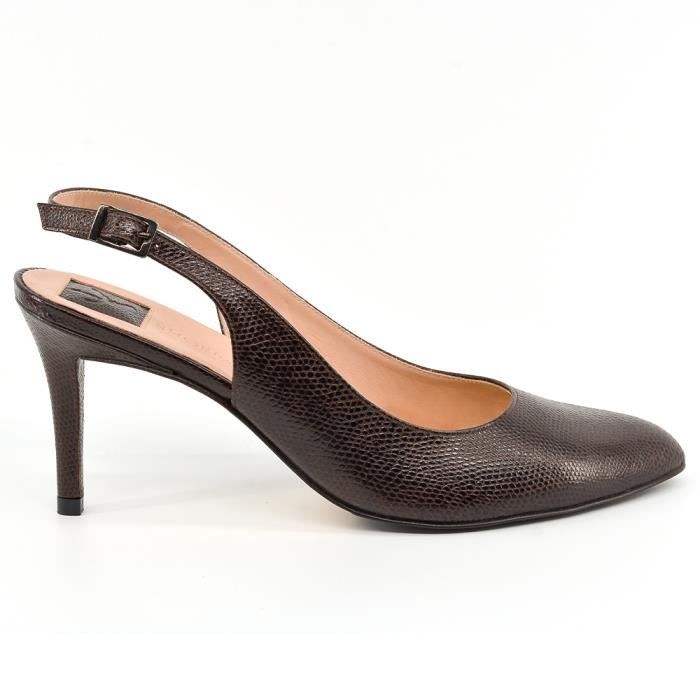 Escarpins slingback en cuir effet croco marron - Mixte - Talon ouvert 8cm