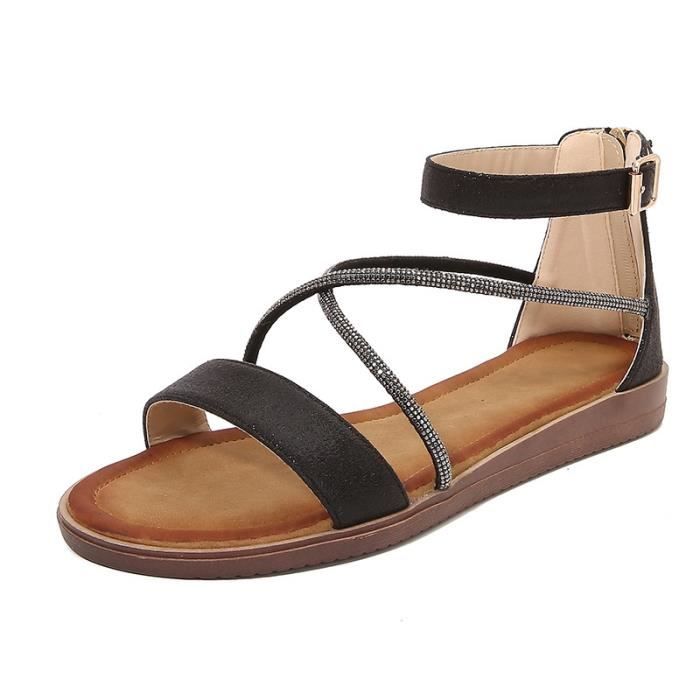 Sandales plates d'été pour femmes, gladiateur noir, bout ouvert, sandales de plage, sangle à boucle romaine, chaussures féminines, tongs de grande
