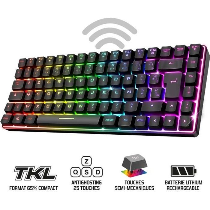 SPIRIT OF GAMER - Clavier Gamer Sans Fil RGB - Clavier TKL Compact 65% - Touches Semi-Mécanique dont 25 Anti-Ghosting