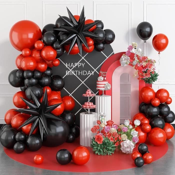 Kit de guirlande de ballon rouge et noir, 114pcs Arc de ballon rouge noir  et or, différentes tailles de ballons rouge noir pour les décorations de