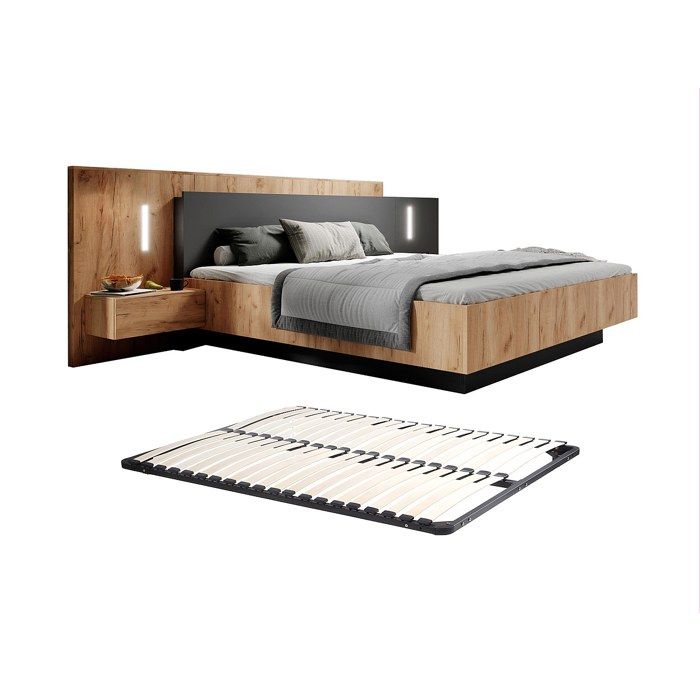Lit avec chevets 160 x 200 cm - 2 tiroirs - Avec LEDs - Coloris : Naturel et anthracite + Sommier - FRANCOLI