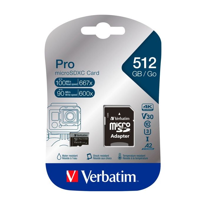 Carte mémoire flash Verbatim PRO U3 - 512 Go - A2 / UHS-I U3 / Class10 - microSDXC