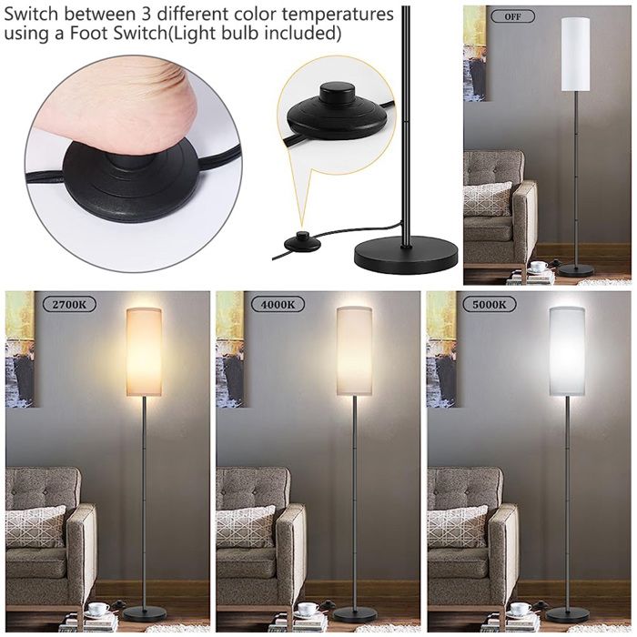 Rosnek Lampadaire Sur Pied Salon avec TéléCommande, 12 W, Sans Fil et à Intensité Variable, Ampoule Led E27 Avec TempéRature De Couleur Infinie Et Interrupteur Au Pied, IdéAl Pour Le Salon (Noir