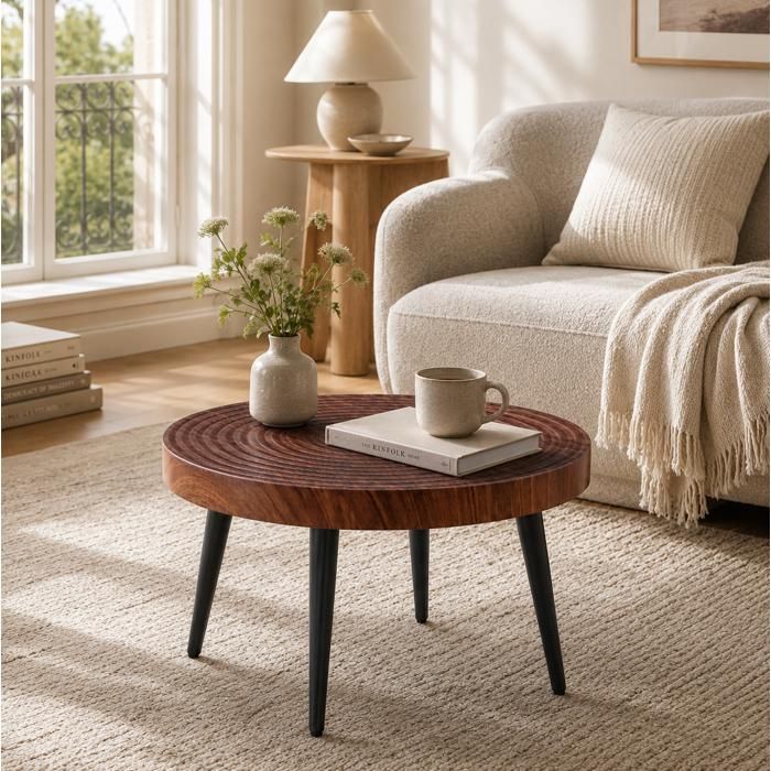 Table Basse Ronde Dw Table Basse Ronde 60 cm, Plateau Épais 5 cm et Pieds Réglables - YEAVIO ...