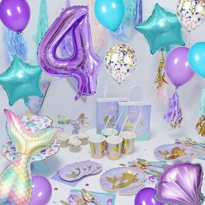 Décoration Anniversaire Fille Sirène - Lot De 6 Ballons Aluminium (chiffre, Queue Sirène, Coquillages) - Pour 3,4,5,6 Ans