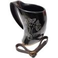 Mythrojan Chope de boisson en corne Viking Arbre de vie avec sangle en cuir – Tasse à vin et bière 600 ml A309-2