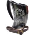 Mythrojan Chope de boisson en corne Viking Arbre de vie avec sangle en cuir – Tasse à vin et bière 600 ml A309-3