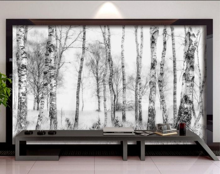 Papier Peint Panoramique 3D grand arbre mur noir et blanc bouleau forêt ...