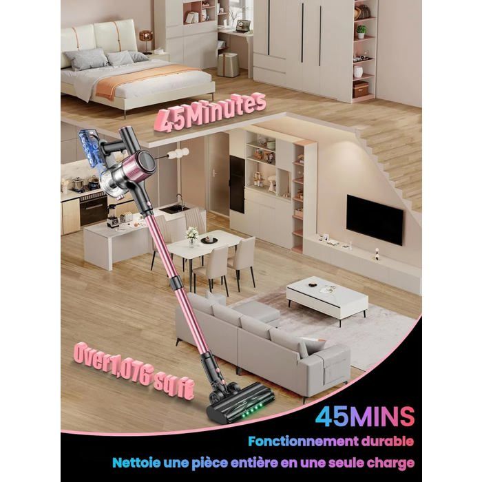 QEXREED Aspirateur Balai sans Fil Puissant 500W/ 45KPA / 60mins