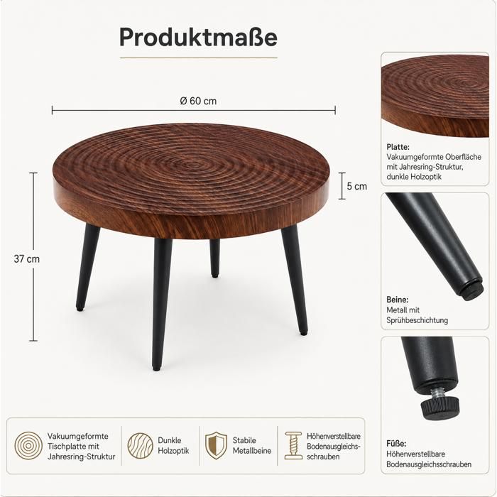Table Basse Ronde Dw Table Basse Ronde 60 cm, Plateau Épais 5 cm et Pieds Réglables - YEAVIO ...