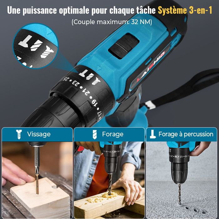 Perceuse Visseuse Sans Fil 12V – Batterie Lithium 2Ah – Percussion – Marque Générique