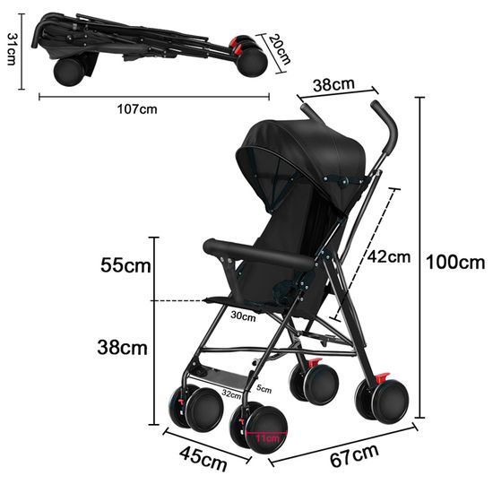 Poussette Canne Légère 0-3 Ans (15 Kg) - Pliable Une Main, Dossier Et Repose-pieds Réglables - Roues Antidérapantes, Avec Auvent Et Moustiquaire