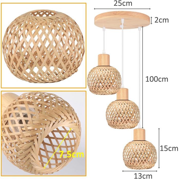 Lampe Suspension Rotin Tissé Main – Lustre Bambou Naturel Réglable, Style Bohème Chic Pour Salon Et Salle à Manger