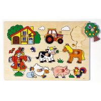 Puzzle en bois avec bouton - La ferme - GOKI - Moins de 100 pièces - Animaux - Enfant