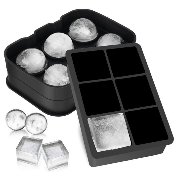 2Pcs Bac à Glaçons en Silicone avec Couvercle, Moule à Glace Boule Sphère Grand Bac à Glace Carré pour Whisky, Cocktail