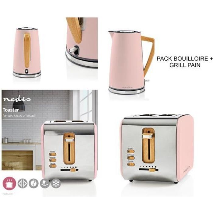 PACK Petit Déjeuner BOUILLOIRE Design + GRILL PAIN Soft Touch doux 2 Emplacements Thermostat réglable: 6 Fonction ROSE