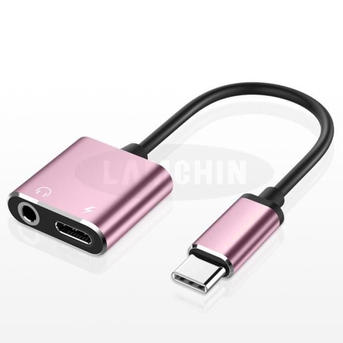 Adaptateur Jack USB C, 2 en 1 USB Type C vers 3.5mm Aux Audio Adaptateur de Prise Casque Câble de Charge pour Huawei Xiaomi-Rose