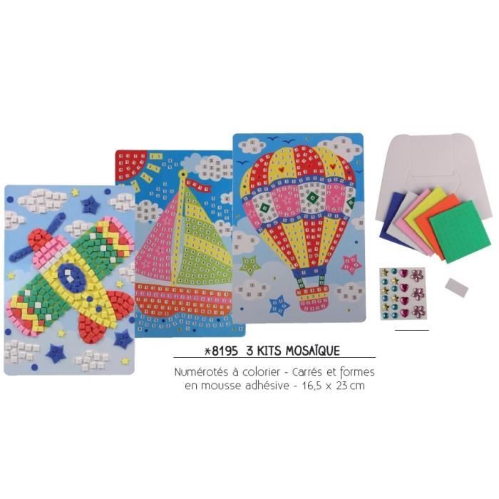 Set de 3 kits mosaïque numérotés avion - bateau - montgolfière + carrés de mousse + strass adhésifs - 16,5 x 23,5 cm