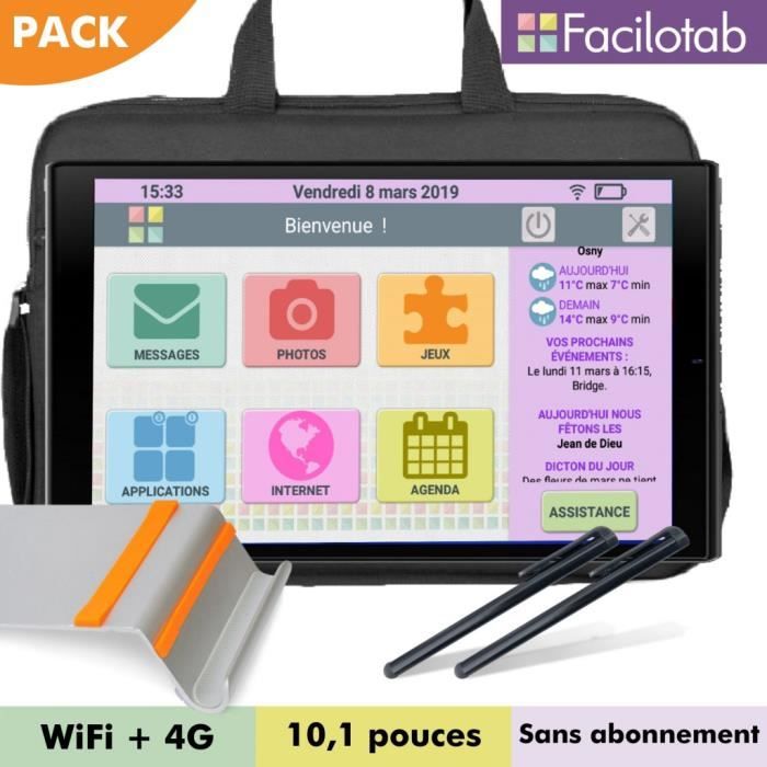 Pack Facilotab L Rubis - WiFi/4G - 64 Go - Android 10 - Support, Sacoche, 2 Stylets - Tablette simplifiée pour Seniors 10,1 Gris