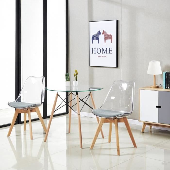 H.J WEDOO Ensemble table ronde à Manger de 2 à 4 personnes Cuisine en Verre Pieds en Bois+Lot de 2 Chaises transparente Scandinave