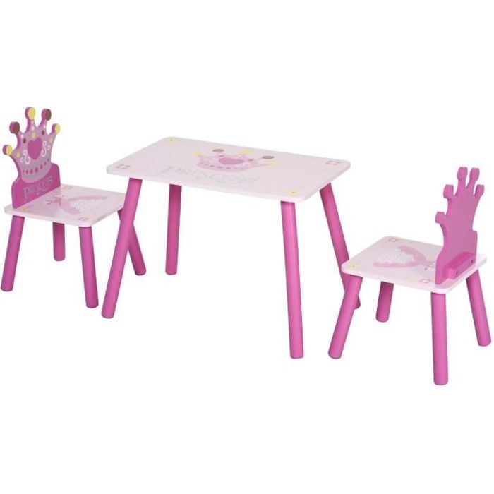 HOMCOM Ensemble table et chaises enfant design princesse motif couronne bois pin MDF rose