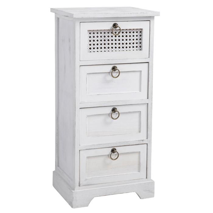 Chiffonnier IRMA petite commode avec 4 tiroirs, en bois de paulownia blanc style shabby chic vintage bohême avec déco en rotin