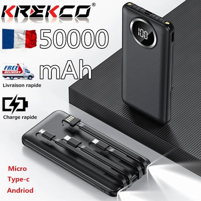 KREKCO®Batterie externe filaire à charge rapide Câble de données sans écran LED pour iPhone Andriod Type-C